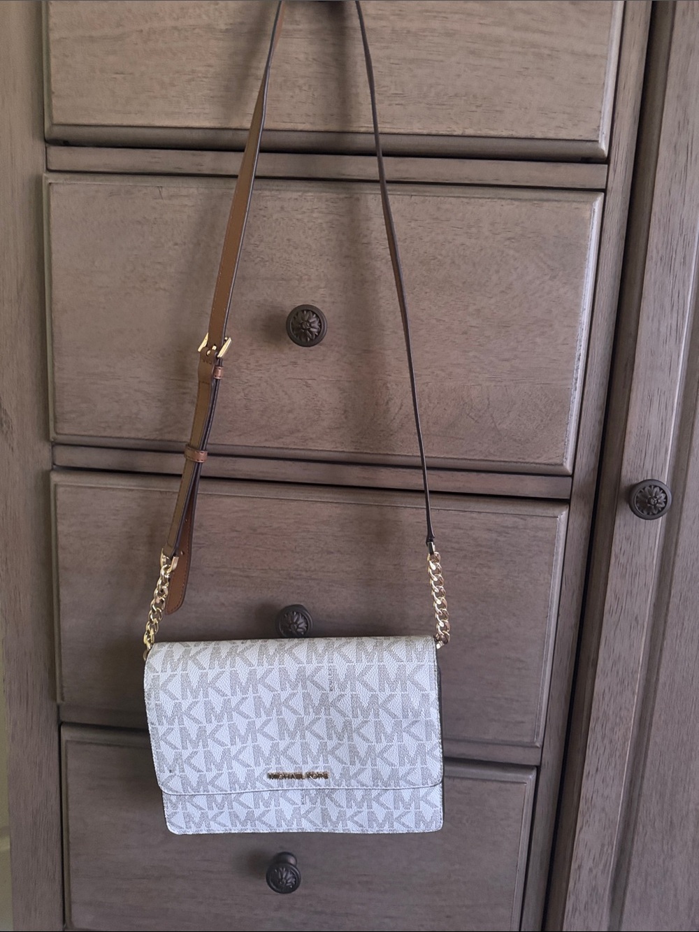 Michael Kors White and Brown Signature MK Crossbody Bag